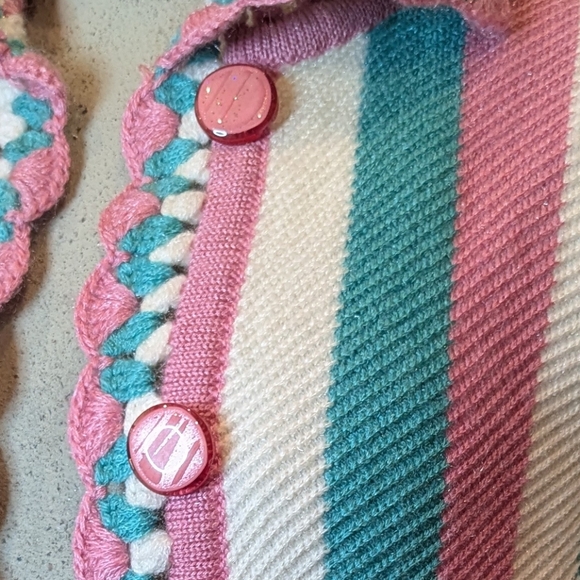 Vintage Striped Pink Ivory and Teal Whimsical Grandmacore Cardigan Size S - Picture 8 of 9